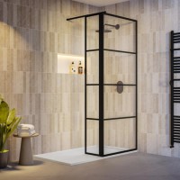 800mm Black Grid Shower Screen for Wet Room & Walk In Shower with 300mm Hinged Panel - Nova