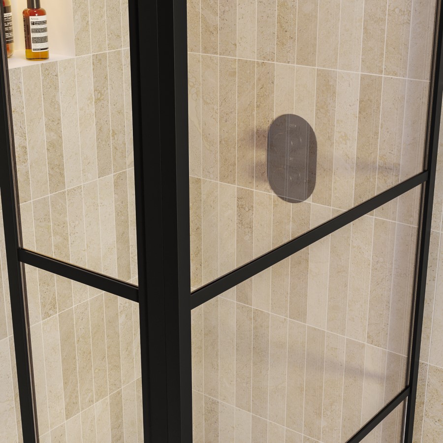 800mm Black Grid Shower Screen for Wet Room & Walk In Shower with 300mm Hinged Panel - Nova