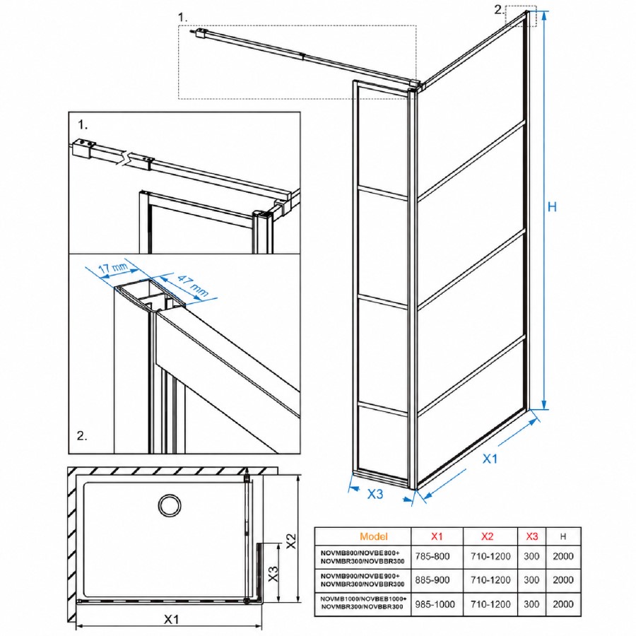 900mm Black Grid Shower Screen for Wet Room & Walk In Shower with 300mm Hinged Panel - Nova