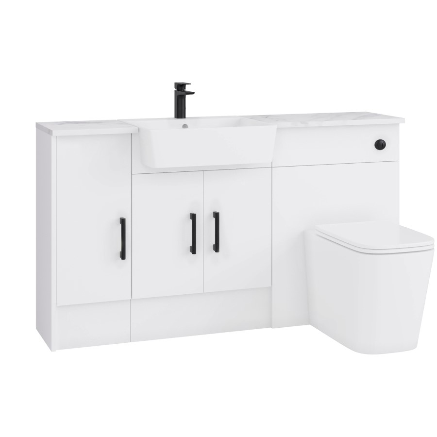 1500mm White Toilet and Sink Unit with Storage Unit & Black Fittings - Ontario