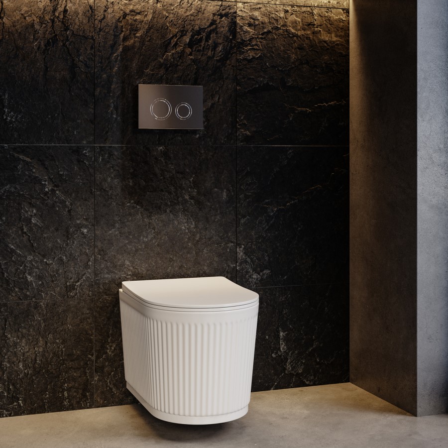 Fluted Wall Hung Rimless Toilet with Soft Close Seat, Chrome Mechanical Flush Plate, 1168mm Frame & Cistern – Oregon