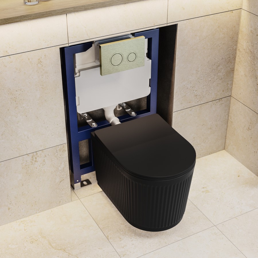 Matt Black Fluted Wall Hung Rimless Short Projection Toilet with Soft Close Seat - Oregon