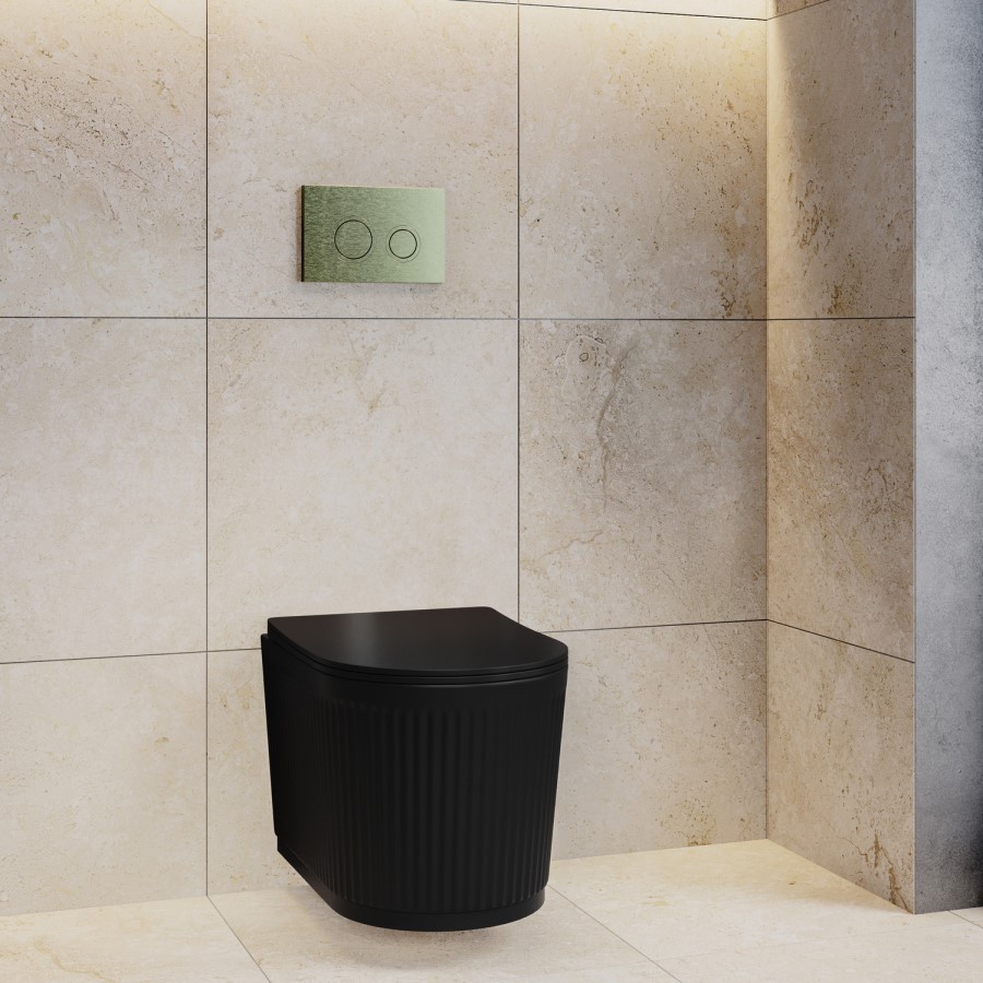 Matt Black Fluted Wall Hung Rimless Toilet with Soft Close Seat, Brushed Brass Mechanical Flush Plate, 1168mm Frame & Cistern – Oregon
