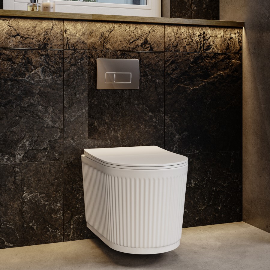 Fluted Wall Hung Rimless Toilet with Soft Close Seat, Chrome Pneumatic Flush Plate, 820mm Frame & Cistern – Oregon