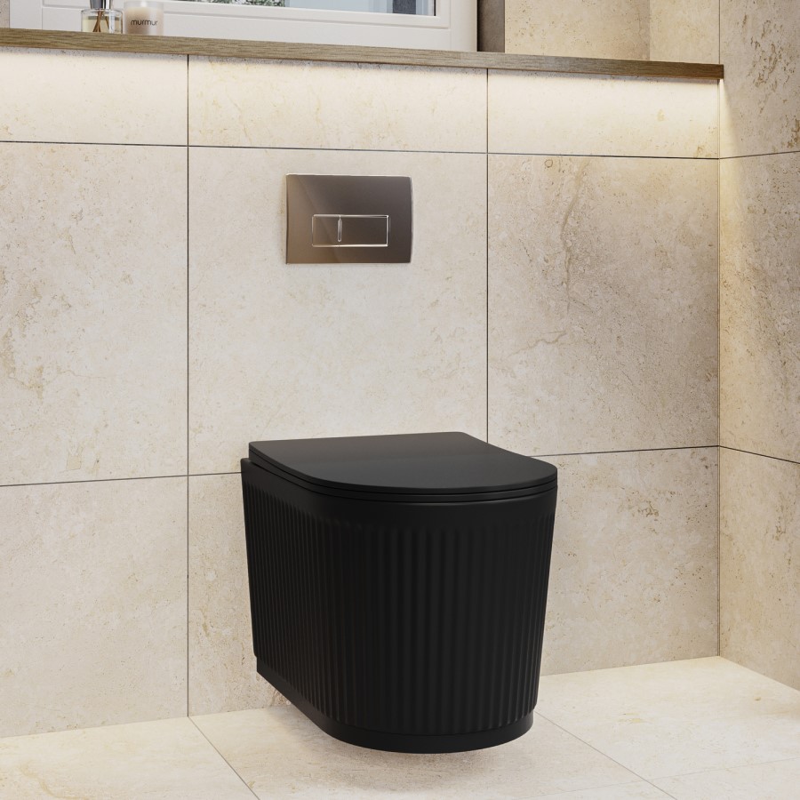 Matt Black Fluted Wall Hung Rimless Toilet with Soft Close Seat, Chrome Pneumatic Flush Plate, 820mm Frame & Cistern – Oregon