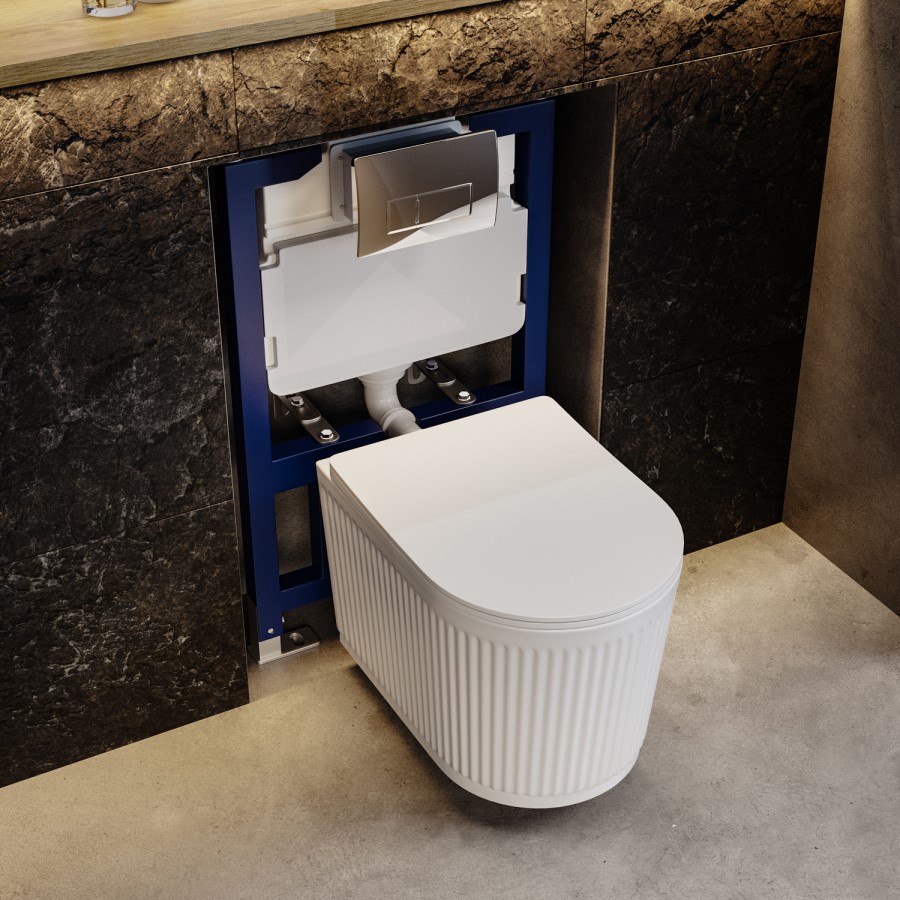 Fluted Wall Hung Rimless Toilet with Soft Close Seat, Chrome Pneumatic Flush Plate, 820mm Frame & Cistern – Oregon