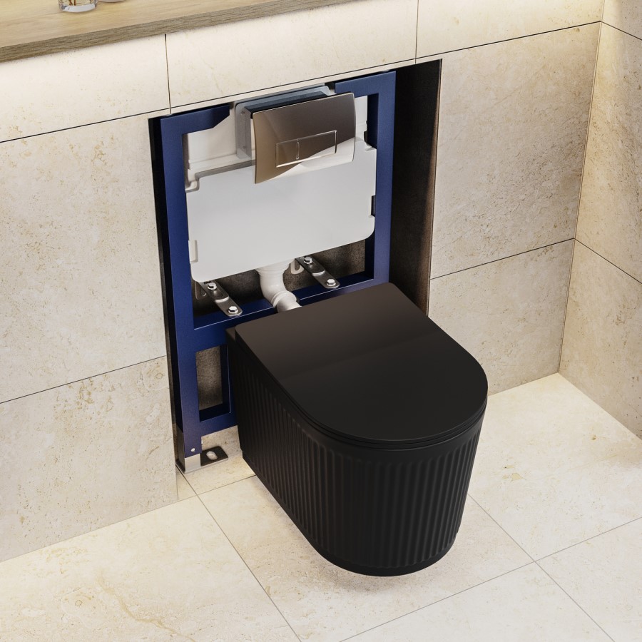Matt Black Fluted Wall Hung Rimless Toilet with Soft Close Seat, Chrome Pneumatic Flush Plate, 820mm Frame & Cistern – Oregon