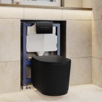 Matt Black Fluted Wall Hung Rimless Toilet with Soft Close Seat, Matt Black Pneumatic Flush Plate, 820mm Frame & Cistern – Oregon