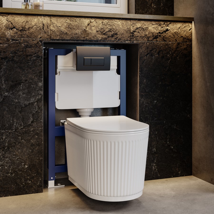 Fluted Wall Hung Rimless Toilet with Soft Close Seat, Matt Black Pneumatic Flush Plate, 820mm Frame & Cistern – Oregon