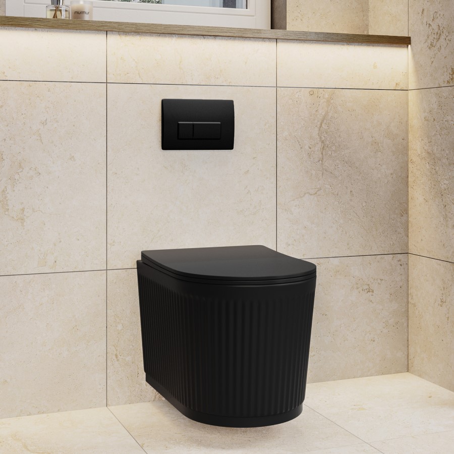 Matt Black Fluted Wall Hung Rimless Toilet with Soft Close Seat, Matt Black Pneumatic Flush Plate, 820mm Frame & Cistern – Oregon