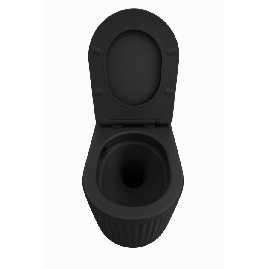 Matt Black Fluted Wall Hung Rimless Toilet with Soft Close Seat, Matt Black Pneumatic Flush Plate, 820mm Frame & Cistern – Oregon