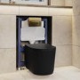 Matt Black Fluted Wall Hung Rimless Toilet with Soft Close Seat, Brushed Brass Pneumatic Flush Plate, 820mm Frame & Cistern – Oregon