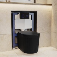 Matt Black Fluted Wall Hung Rimless Toilet with Soft Close Seat, Black Glass Sensor Flush Plate, 820mm Frame & Cistern – Oregon