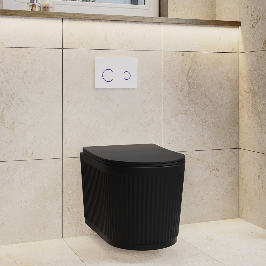 Matt Black Fluted Wall Hung Rimless Toilet with Soft Close Seat, White Glass Sensor Flush Plate, 820mm Frame & Cistern – Oregon