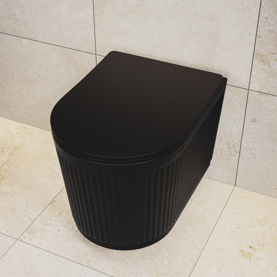 Matt Black Fluted Wall Hung Rimless Toilet with Soft Close Seat, White Glass Sensor Flush Plate, 820mm Frame & Cistern – Oregon