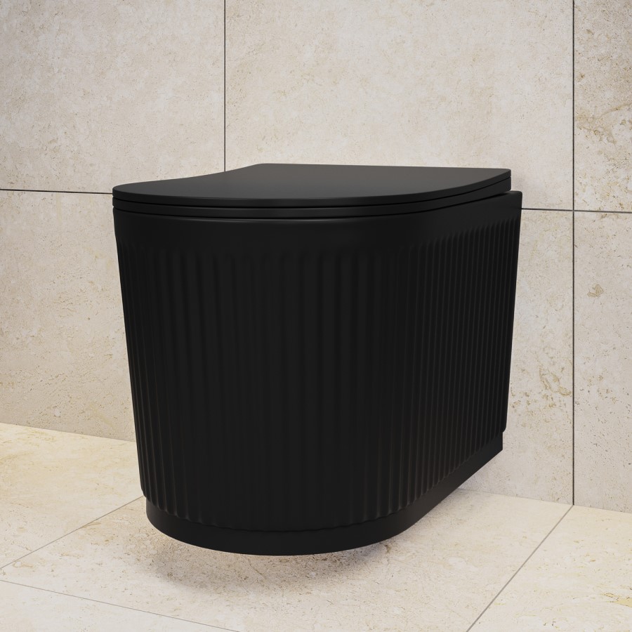 Matt Black Fluted Wall Hung Rimless Toilet with Soft Close Seat, White Glass Sensor Flush Plate, 820mm Frame & Cistern – Oregon