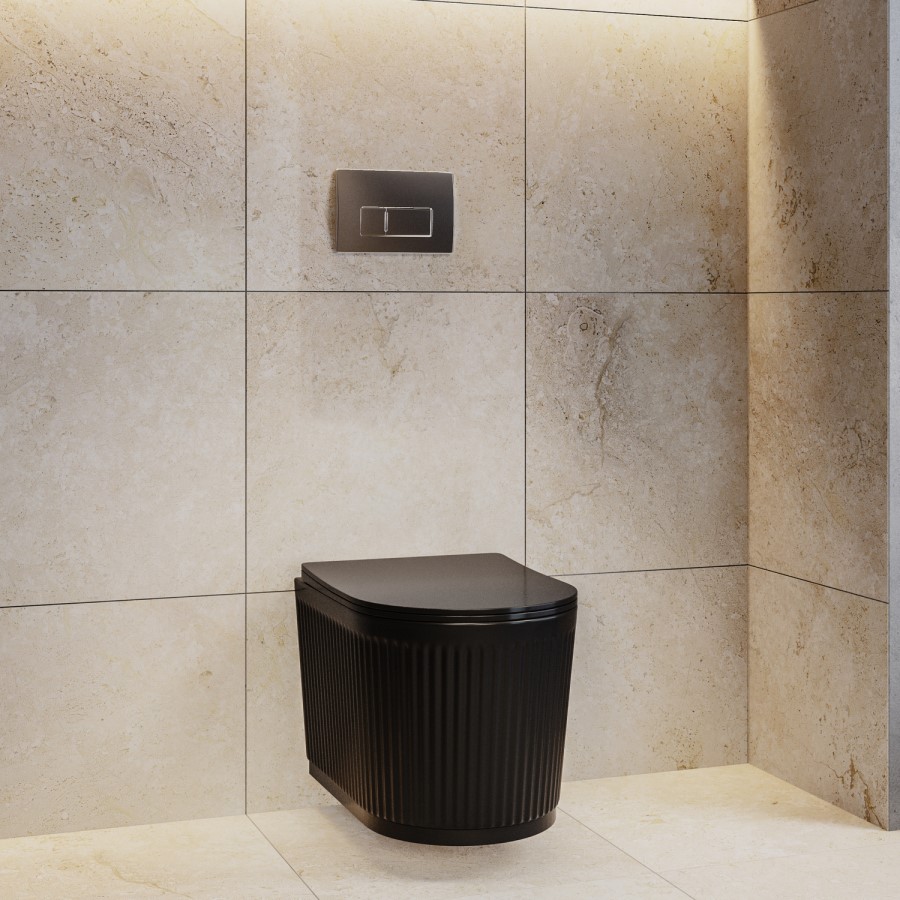 Matt Black Fluted Wall Hung Rimless Toilet with Soft Close Seat, Chrome Pneumatic Flush Plate, 1168mm Frame & Cistern – Oregon