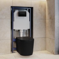 Matt Black Fluted Wall Hung Rimless Toilet with Soft Close Seat, Matt Black Pneumatic Flush Plate, 1168mm Frame & Cistern – Oregon