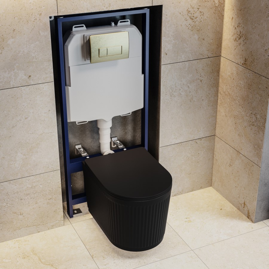 Matt Black Fluted Wall Hung Rimless Toilet with Soft Close Seat, Brushed Brass Pneumatic Flush Plate, 1168mm Frame & Cistern – Oregon