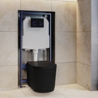 Matt Black Fluted Wall Hung Rimless Toilet with Soft Close Seat, Black Glass Sensor Flush Plate, 1168mm Frame & Cistern – Oregon