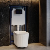 Fluted Wall Hung Rimless Toilet with Soft Close Seat, Black Glass Sensor Flush Plate, 1168mm Frame & Cistern – Oregon