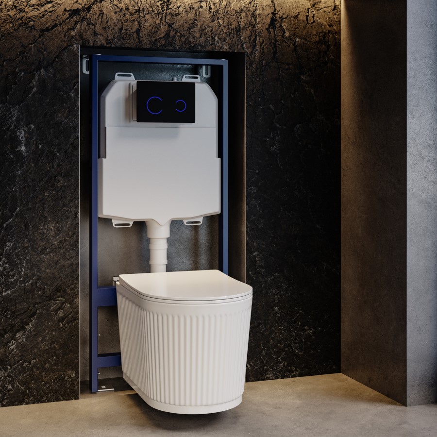 Fluted Wall Hung Rimless Toilet with Soft Close Seat, Black Glass Sensor Flush Plate, 1168mm Frame & Cistern – Oregon