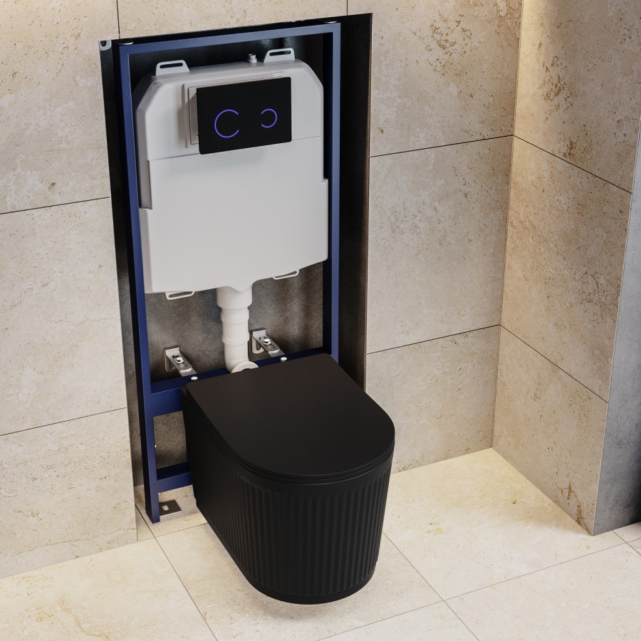 Matt Black Fluted Wall Hung Rimless Toilet with Soft Close Seat, Black Glass Sensor Flush Plate, 1168mm Frame & Cistern – Oregon