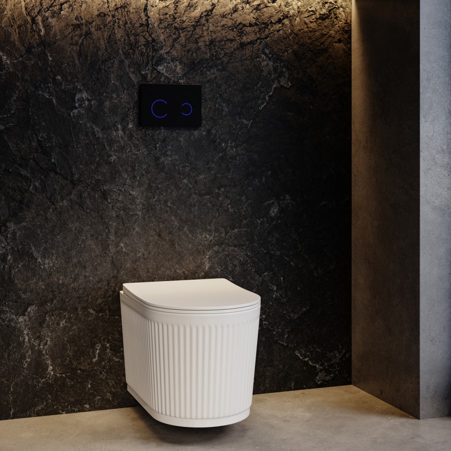 Fluted Wall Hung Rimless Toilet with Soft Close Seat, Black Glass Sensor Flush Plate, 1168mm Frame & Cistern – Oregon