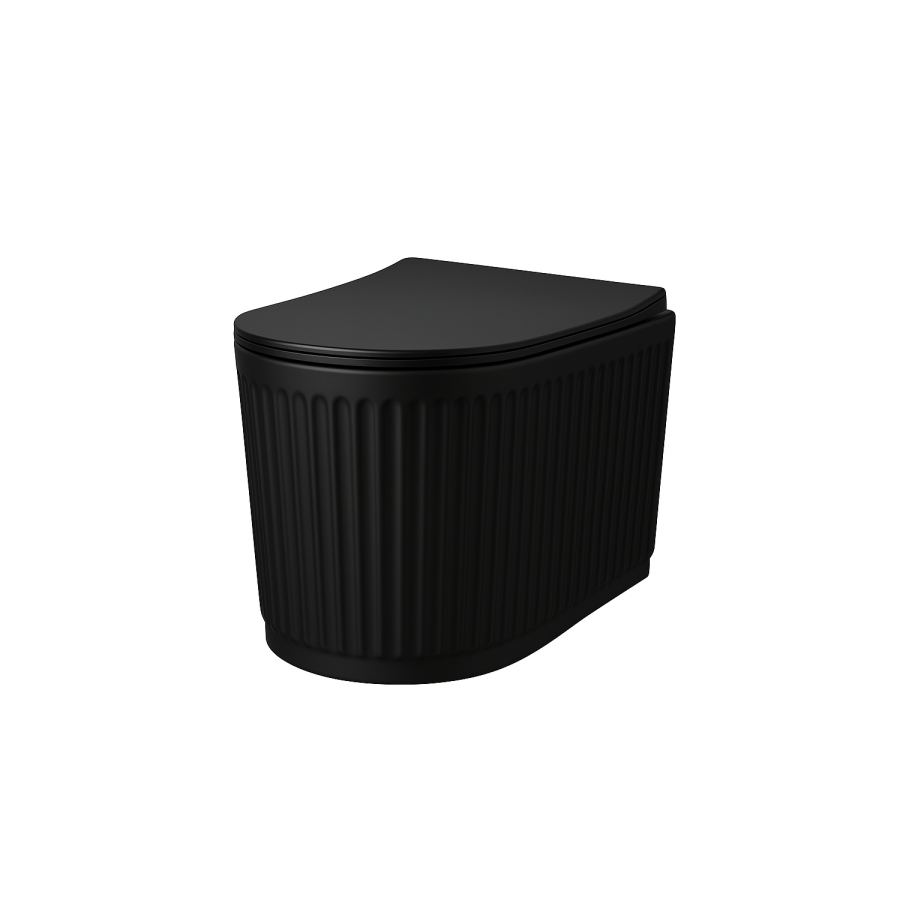 Matt Black Fluted Wall Hung Rimless Toilet with Soft Close Seat, Black Glass Sensor Flush Plate, 1168mm Frame & Cistern – Oregon