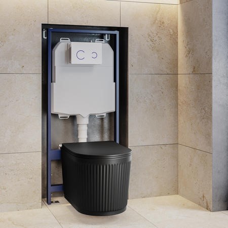 Matt Black Fluted Wall Hung Rimless Toilet with Soft Close Seat, White ...