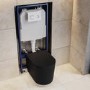 Matt Black Fluted Wall Hung Rimless Toilet with Soft Close Seat, White Glass Sensor Flush Plate, 1168mm Frame & Cistern – Oregon