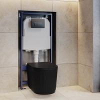 Matt Black Fluted Wall Hung Rimless Toilet with Soft Close Seat, Gunmetal Pneumatic Flush Plate, 1168mm Frame & Cistern – Oregon