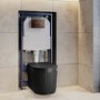 Matt Black Fluted Wall Hung Rimless Toilet with Soft Close Seat, Brushed Bronze Pneumatic Flush Plate, 1168mm Frame & Cistern – Oregon