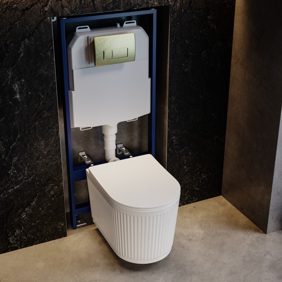 Fluted Wall Hung Rimless Toilet with Soft Close Seat, Brushed Brass Pneumatic Flush Plate, 1168mm Frame & Cistern – Oregon