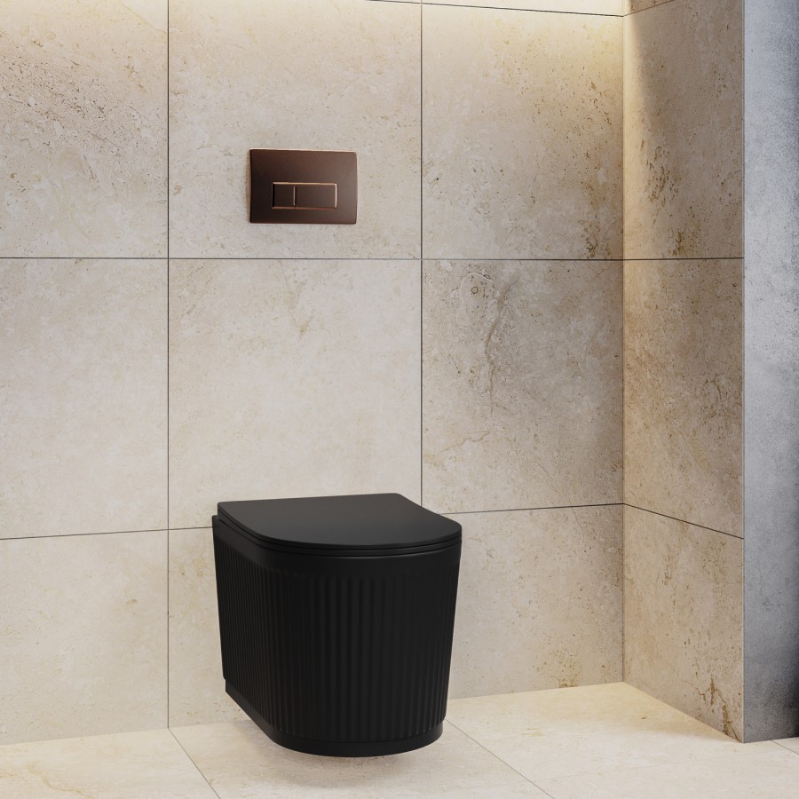 Matt Black Fluted Wall Hung Rimless Toilet with Soft Close Seat, Brushed Bronze Pneumatic Flush Plate, 1168mm Frame & Cistern – Oregon