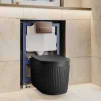 Matt Black Fluted Wall Hung Rimless Toilet with Soft Close Seat, Brushed Bronze Pneumatic Flush Plate, 820mm Frame & Cistern – Oregon