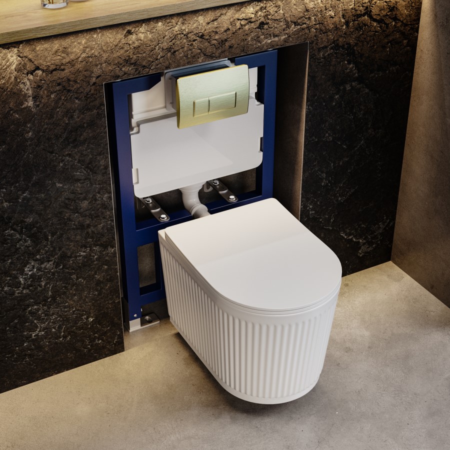 Fluted Wall Hung Rimless Toilet with Soft Close Seat, Brushed Brass Pneumatic Flush Plate, 820mm Frame & Cistern – Oregon