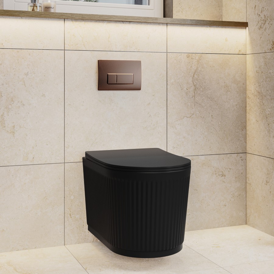Matt Black Fluted Wall Hung Rimless Toilet with Soft Close Seat, Brushed Bronze Pneumatic Flush Plate, 820mm Frame & Cistern – Oregon