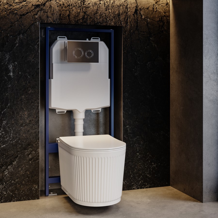 Fluted Wall Hung Toilet with Soft Close Seat, Chrome Mechanical Flush Plate, 1160mm Frame & Cistern - Oregon