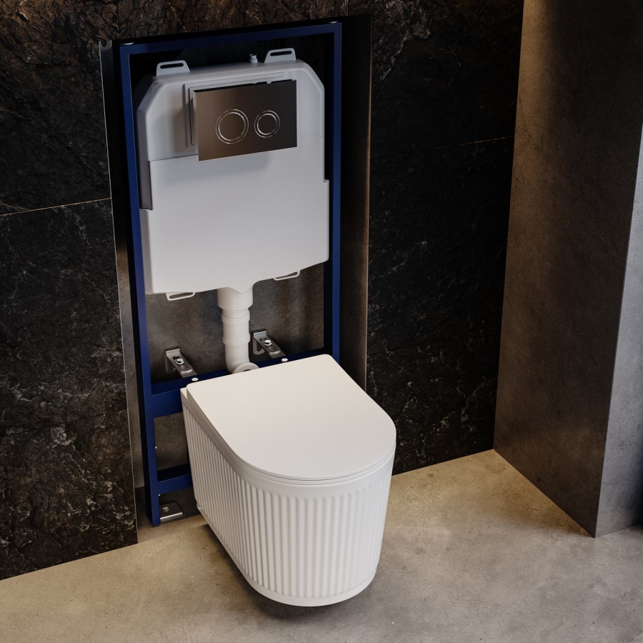 Fluted Wall Hung Toilet with Soft Close Seat, Chrome Mechanical Flush Plate, 1160mm Frame & Cistern - Oregon