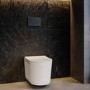 Fluted Wall Hung Rimless Toilet with Soft Close Seat, Matt Black Mechanical Flush Plate, 1168mm Frame & Cistern – Oregon
