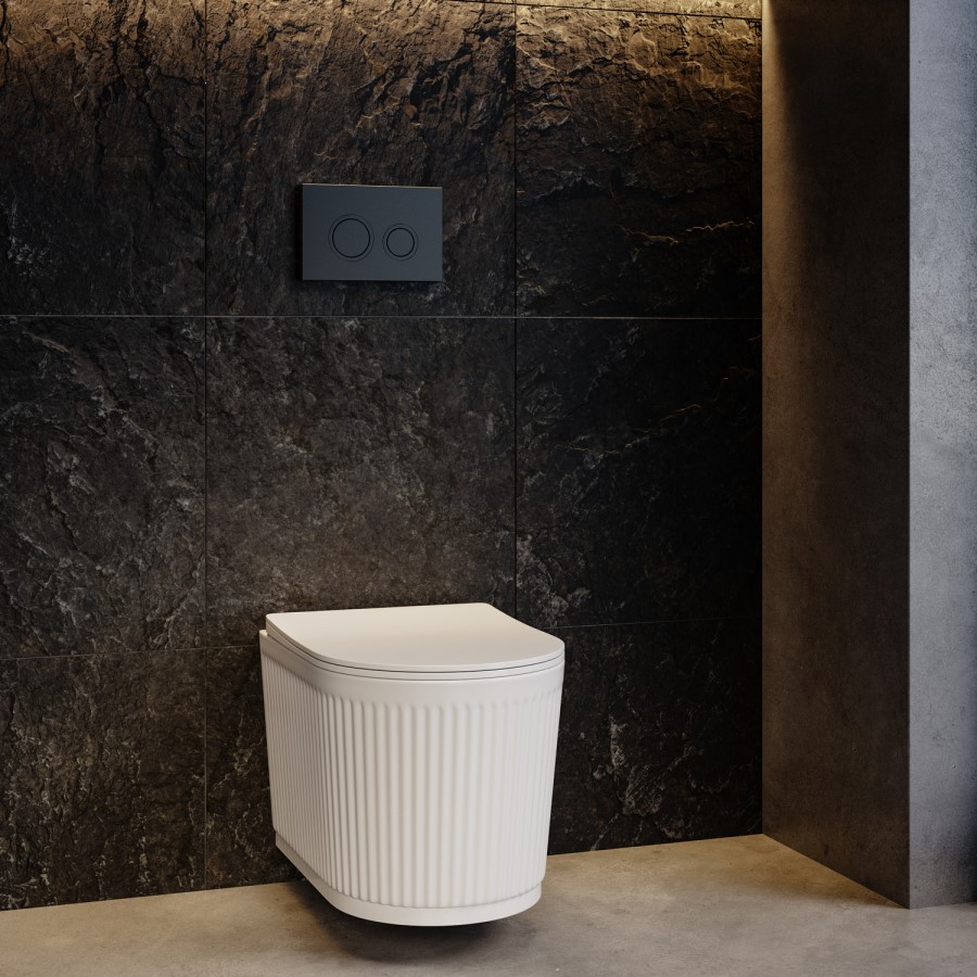 Fluted Wall Hung Toilet with Soft Close Seat, Matt Black Mechanical Flush Plate, 1160mm Frame & Cistern - Oregon