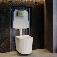 Fluted Wall Hung Toilet with Soft Close Seat, Brushed Brass Mechanical Flush Plate, 1160mm Frame & Cistern - Oregon