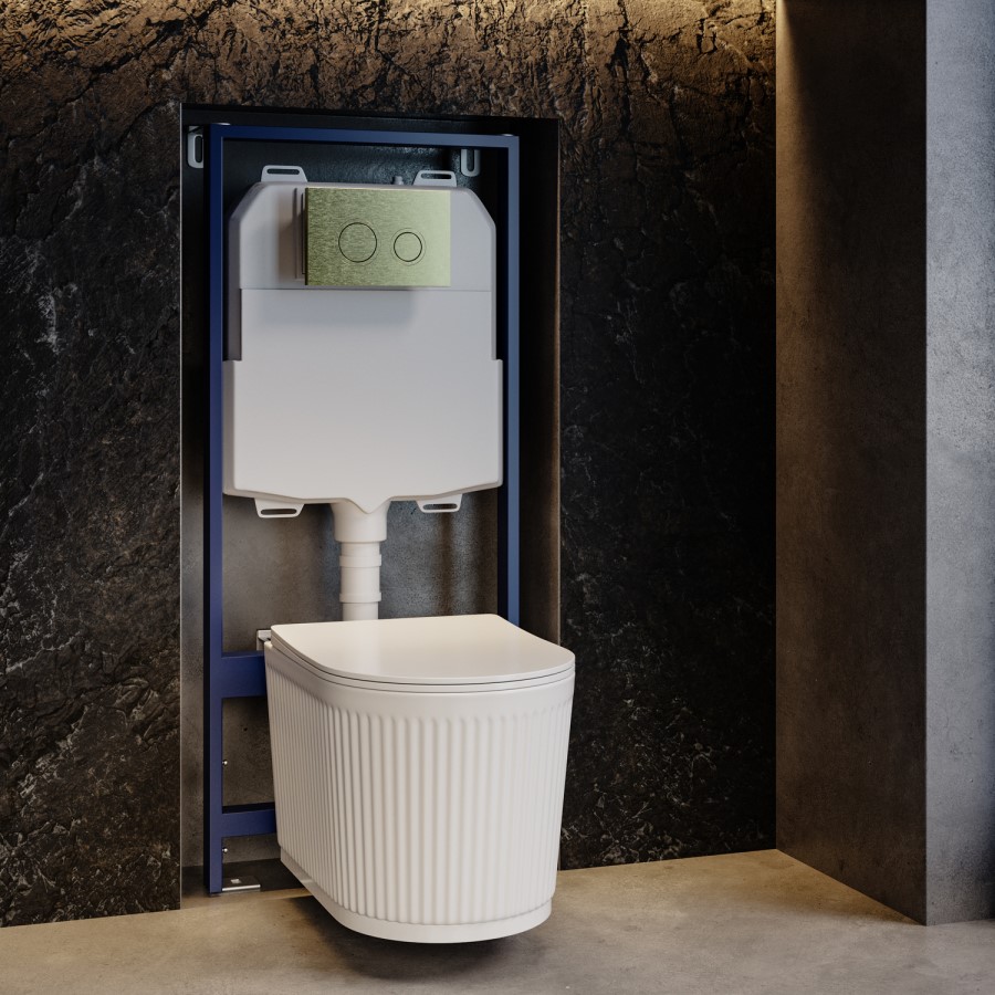 Fluted Wall Hung Toilet with Soft Close Seat, Brushed Brass Mechanical Flush Plate, 1160mm Frame & Cistern - Oregon