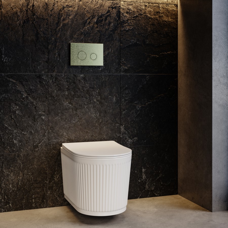 Fluted Wall Hung Toilet with Soft Close Seat, Brushed Brass Mechanical Flush Plate, 1160mm Frame & Cistern - Oregon