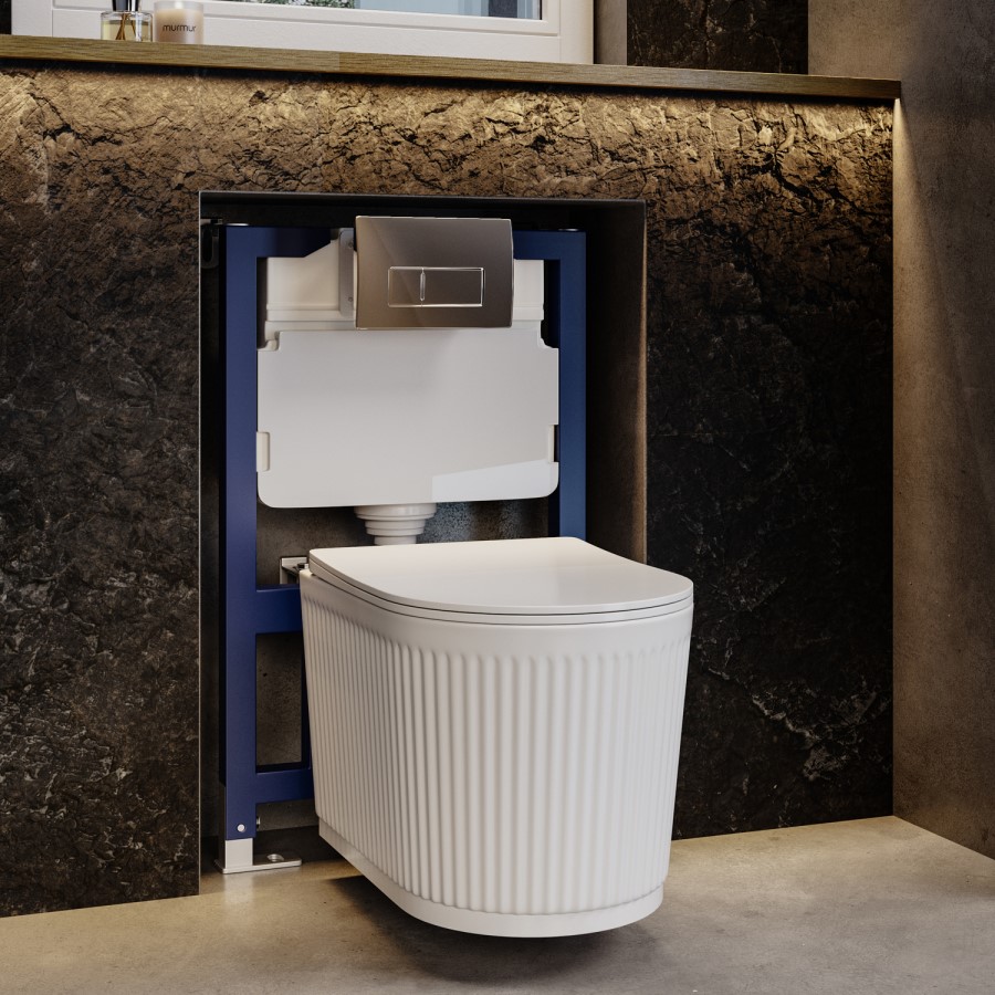 Fluted Wall Hung Toilet with Soft Close Seat, Chrome Pneumatic Flush Plate, 820mm Frame & Cistern - Oregon