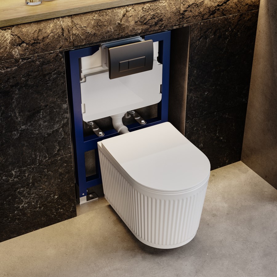 Fluted Wall Hung Toilet with Soft Close Seat, Matt Black Pneumatic Flush Plate, 820mm Frame & Cistern - Oregon