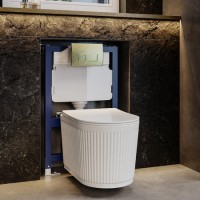 Fluted Wall Hung Toilet with Soft Close Seat, Brushed Brass Pneumatic Flush Plate, 820mm Frame & Cistern - Oregon