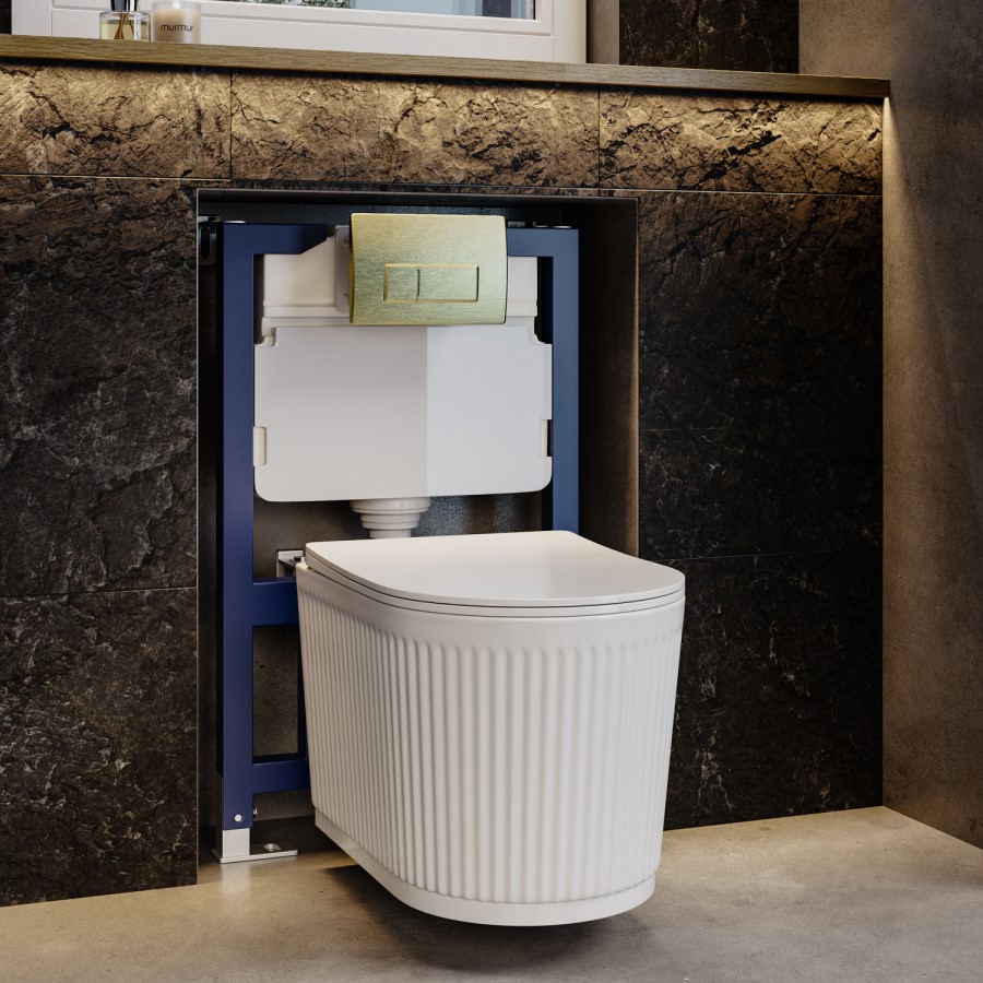 Fluted Wall Hung Toilet with Soft Close Seat, Brushed Brass Pneumatic Flush Plate, 820mm Frame & Cistern - Oregon