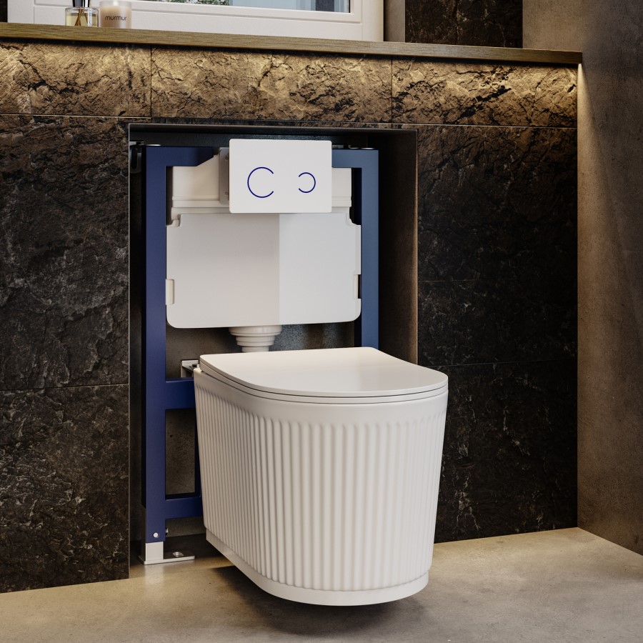 Fluted Wall Hung Toilet with Soft Close Seat, White Glass Sensor Flush Plate, 820mm Frame & Cistern - Oregon